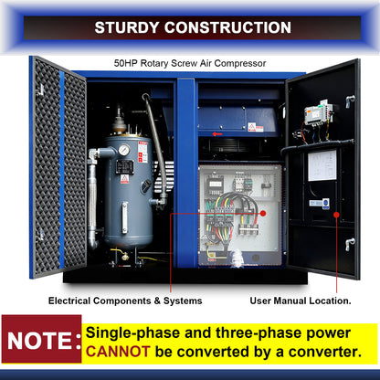 50HP Rotary Screw Air Compressor, 219CFM, 125PSI, 460V 3PHASE 60HZ, Fixed Speed Compressor, Industrial-Grade, Heavy Duty Air Compressed System