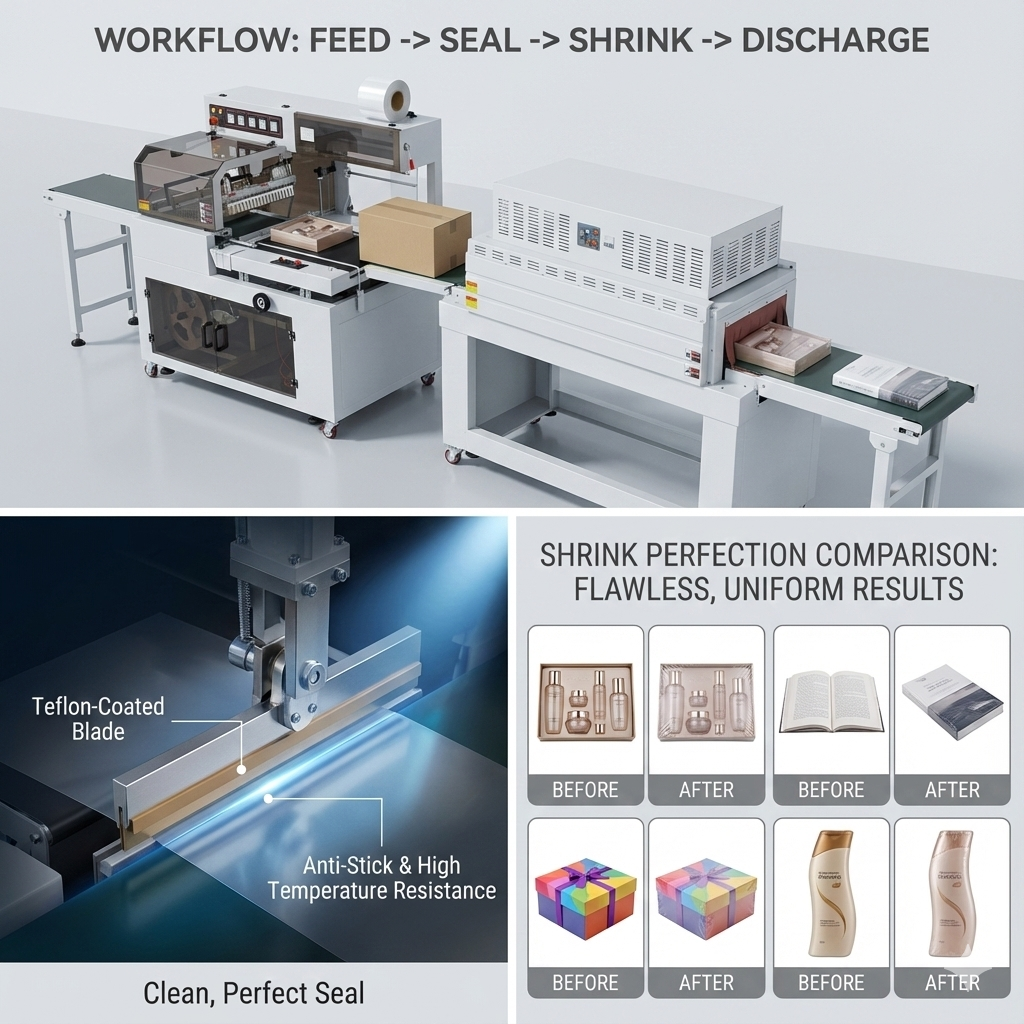 Shrink wrapper, L-bar sealer machine, automatic heat shrink carton orbital wrapping machine, fully automatic boxes shrink wrap packaging machine