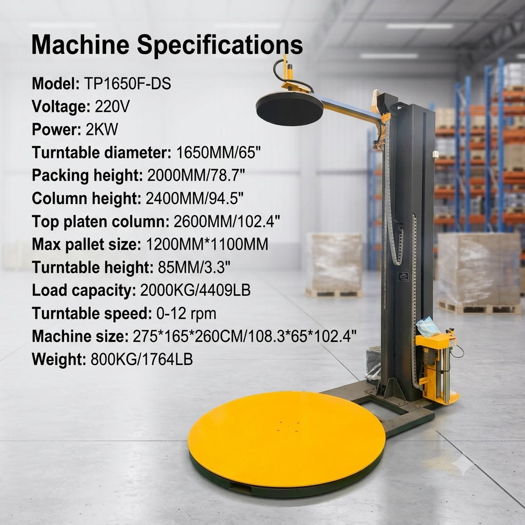Machine d'emballage sous film étirable pour palettes avec cadre latéral, TP1650F-DS, machine d'emballage sous film étirable