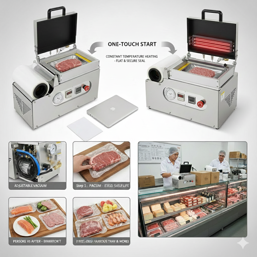 Vacuum skin packaging machine, Desktop skin packaging machine for food, skin pack tray sealer for steak/seafood/meals