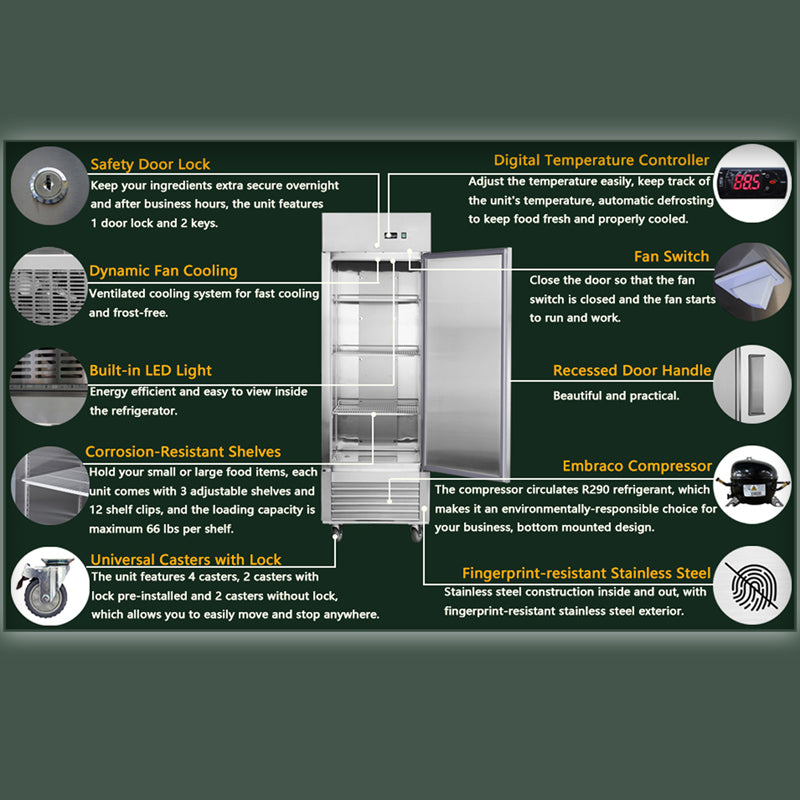 Commercial Refrigerator Single Solid Door 27"W Reach-in Refrigerator 18.68 Cu.ft. Upright Fan Cooling