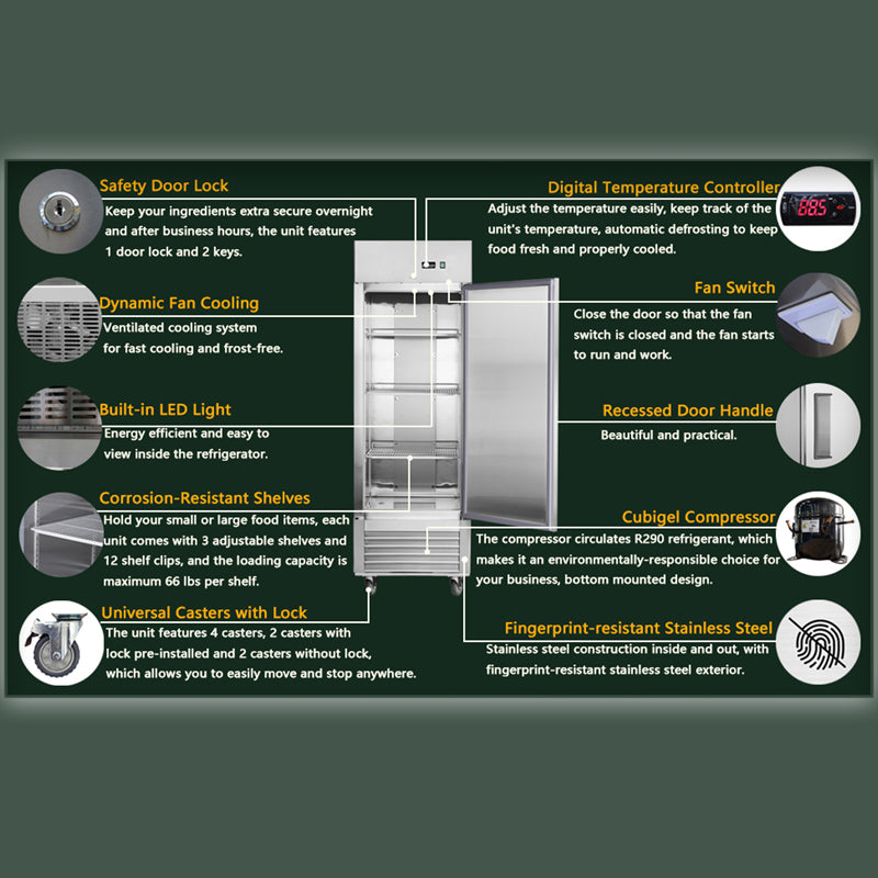 Commercial Freezer Single Solid Door 27"W Reach-in Freezer 18.68 Cu.ft. Upright Fan Cooling