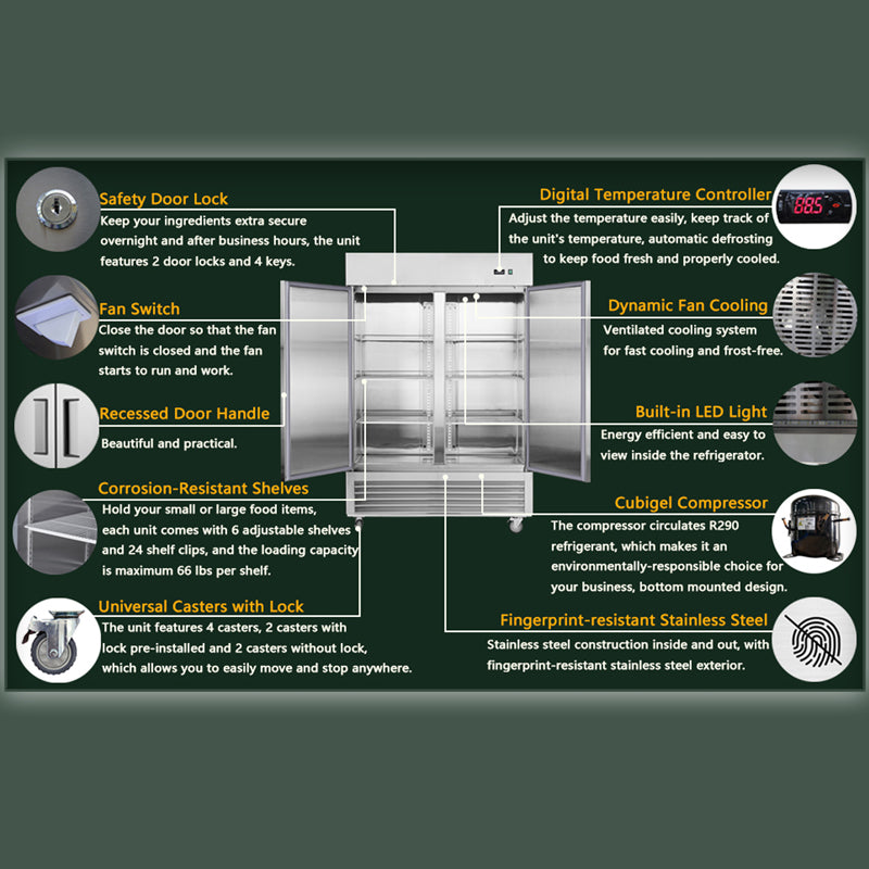 54"W Commercial Freezer 2 Section 2 Solid Door Stainless Steel Reach-in 42.2 Cu.ft.