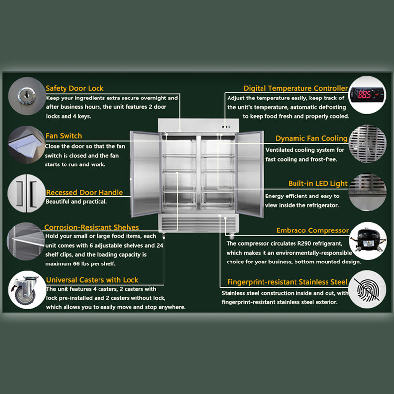 54"W Commercial Refrigerator 2 Section 2 Solid Door Stainless Steel Reach-in 42.2 Cu.ft.