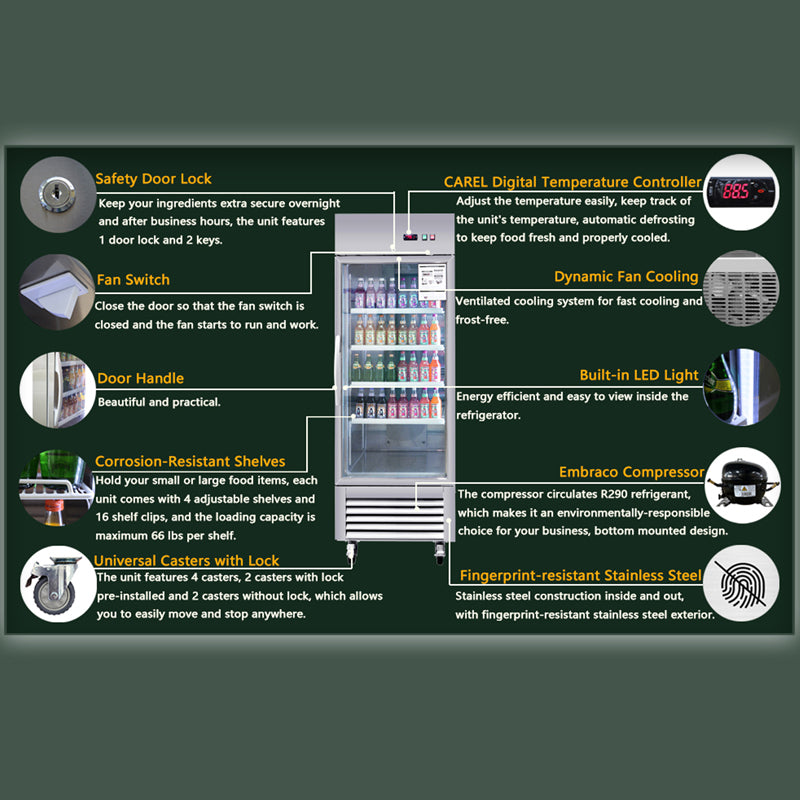 Commercial Refrigerator Single Glass Door Stainless Steel 27"W 18.68 Cu.ft. Reach-in Merchandising Refrigerator