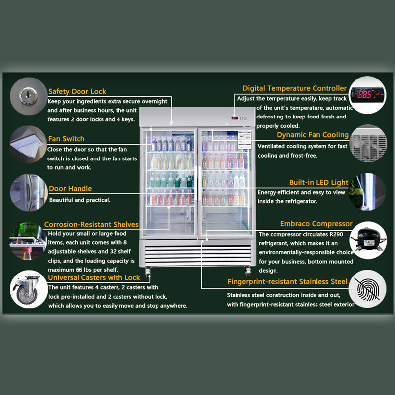 Commercial Refrigerator 2 Section 2 Glass Door Stainless Steel Display Refrigerator 42.2 Cu.ft. Reach-in Merchandising Refrigerator