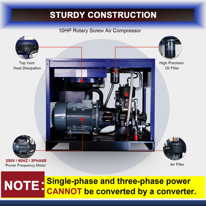 10HP Rotary Screw Air Compressor, 34CFM, 125PSI, 208-230V 3PHASE 60HZ, Fixed Speed Compressor, Industrial-Grade, Heavy Duty Air Compressed System