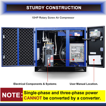10HP Rotary Screw Air Compressor, 34CFM, 125PSI, 208-230V 3PHASE 60HZ, Fixed Speed Compressor, Industrial-Grade, Heavy Duty Air Compressed System