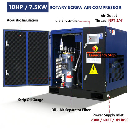 10HP Rotary Screw Air Compressor, 34CFM, 125PSI, 208-230V 3PHASE 60HZ, Fixed Speed Compressor, Industrial-Grade, Heavy Duty Air Compressed System