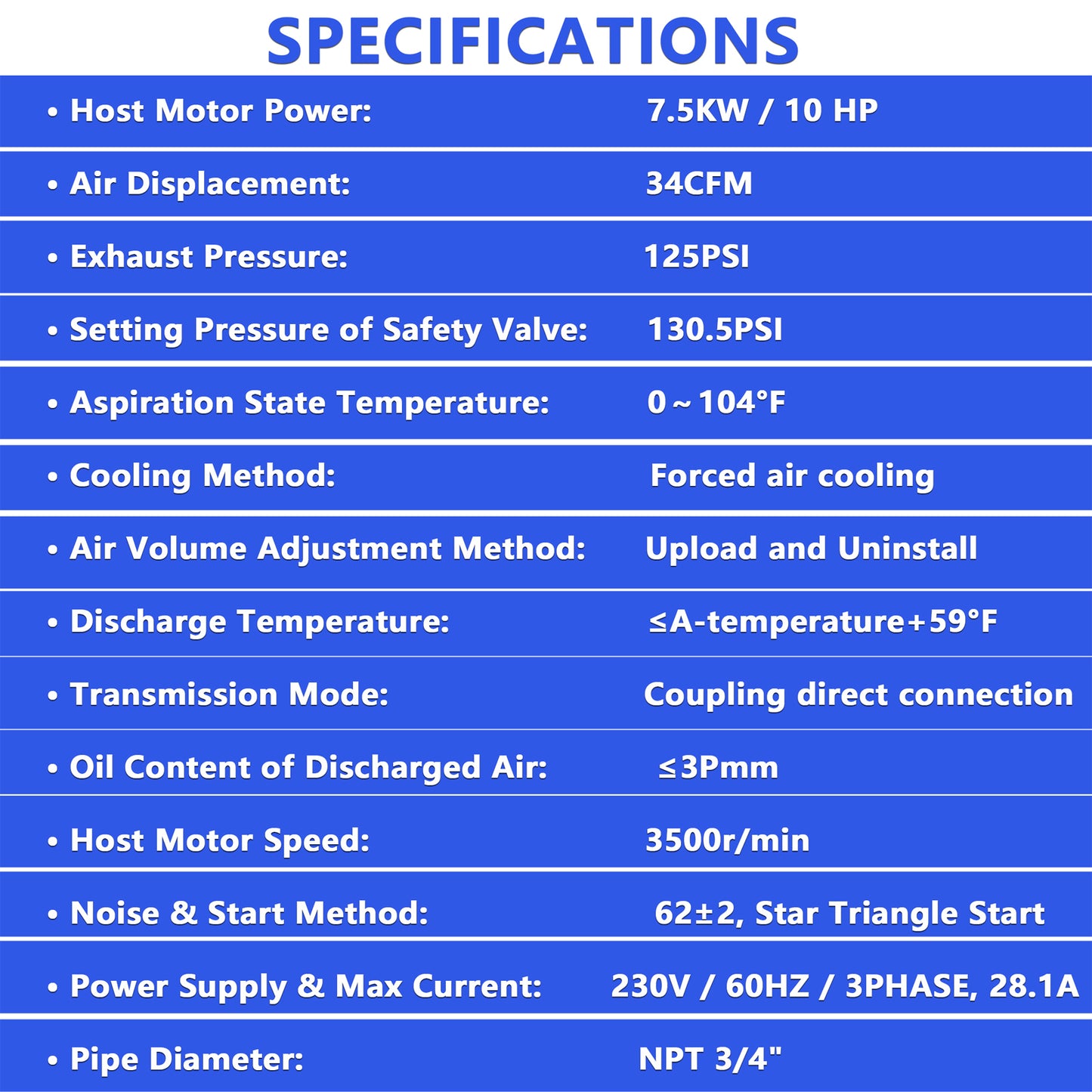 10HP Rotary Screw Air Compressor, 34CFM, 125PSI, 208-230V 3PHASE 60HZ, Fixed Speed Compressor, Industrial-Grade, Heavy Duty Air Compressed System