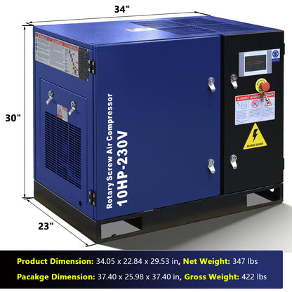 10HP Rotary Screw Air Compressor, 34CFM, 125PSI, 208-230V 3PHASE 60HZ, Fixed Speed Compressor, Industrial-Grade, Heavy Duty Air Compressed System