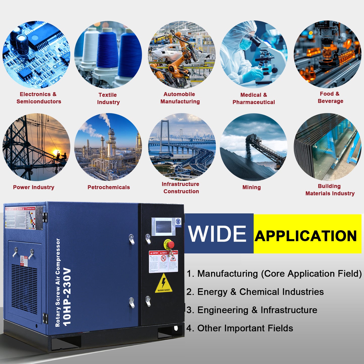 10HP Rotary Screw Air Compressor, 34CFM, 125PSI, 208-230V 3PHASE 60HZ, Fixed Speed Compressor, Industrial-Grade, Heavy Duty Air Compressed System