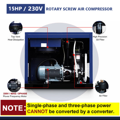 15HP Rotary Screw Air Compressor, 56 CFM, 125PSI, 208-230V 3PHASE 60HZ, Fixed Speed Compressor, Industrial-Grade, Heavy Duty Air Compressed System