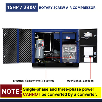 15HP Rotary Screw Air Compressor, 56 CFM, 125PSI, 208-230V 3PHASE 60HZ, Fixed Speed Compressor, Industrial-Grade, Heavy Duty Air Compressed System