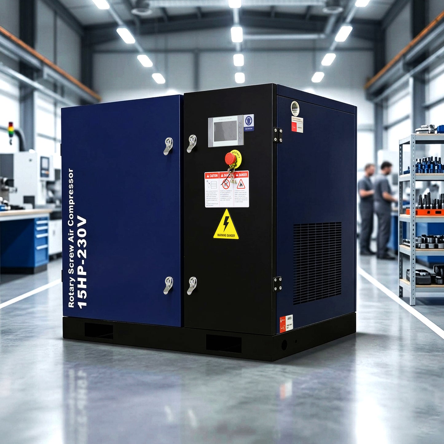 15HP Rotary Screw Air Compressor, 56 CFM, 125PSI, 208-230V 3PHASE 60HZ, Fixed Speed Compressor, Industrial-Grade, Heavy Duty Air Compressed System