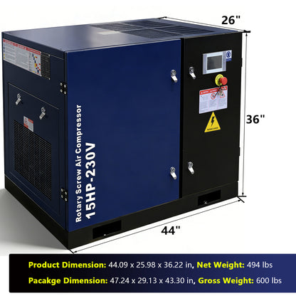 15HP Rotary Screw Air Compressor, 56 CFM, 125PSI, 208-230V 3PHASE 60HZ, Fixed Speed Compressor, Industrial-Grade, Heavy Duty Air Compressed System