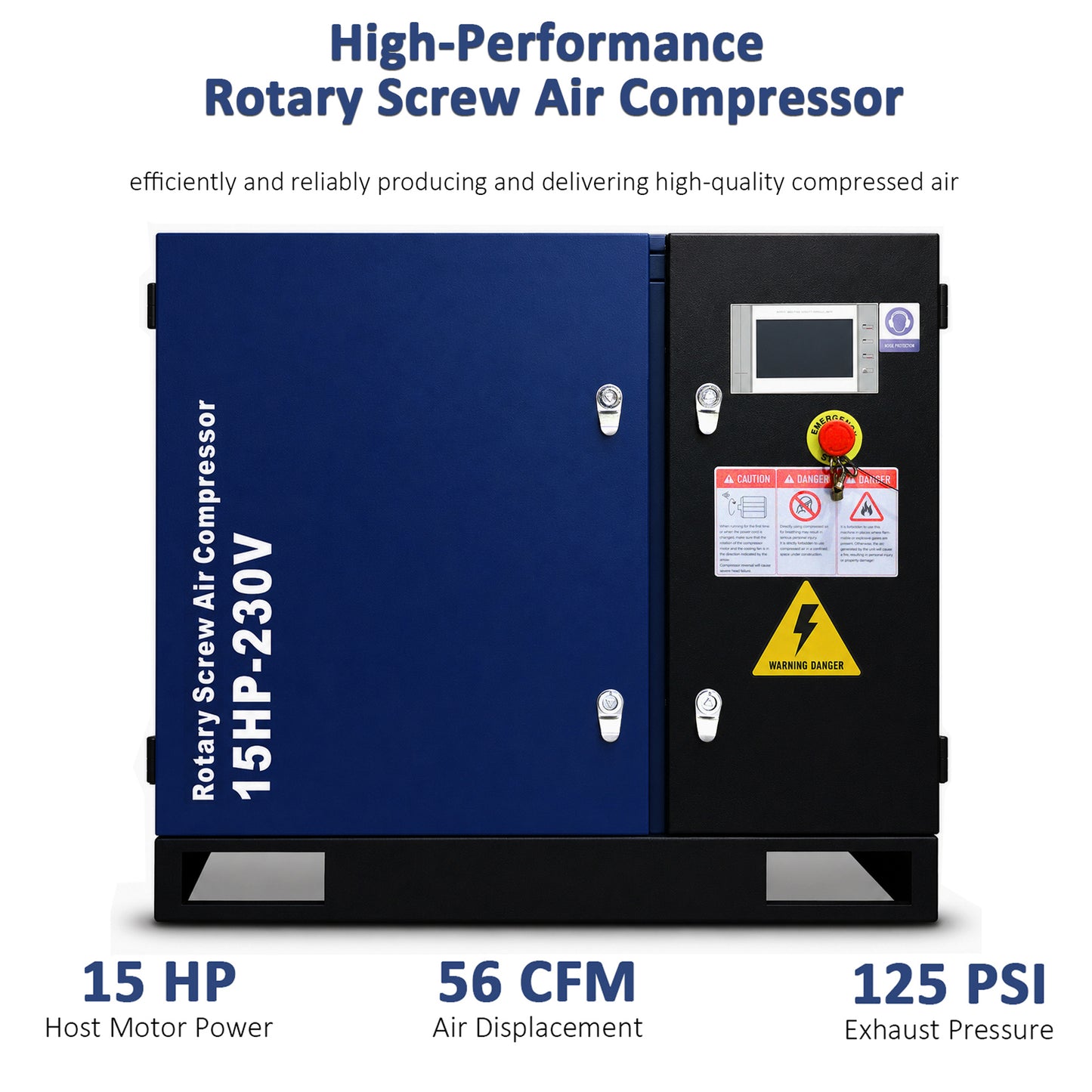 15HP Rotary Screw Air Compressor, 56 CFM, 125PSI, 208-230V 3PHASE 60HZ, Fixed Speed Compressor, Industrial-Grade, Heavy Duty Air Compressed System