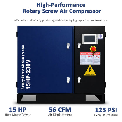 15HP Rotary Screw Air Compressor, 56 CFM, 125PSI, 208-230V 3PHASE 60HZ, Fixed Speed Compressor, Industrial-Grade, Heavy Duty Air Compressed System