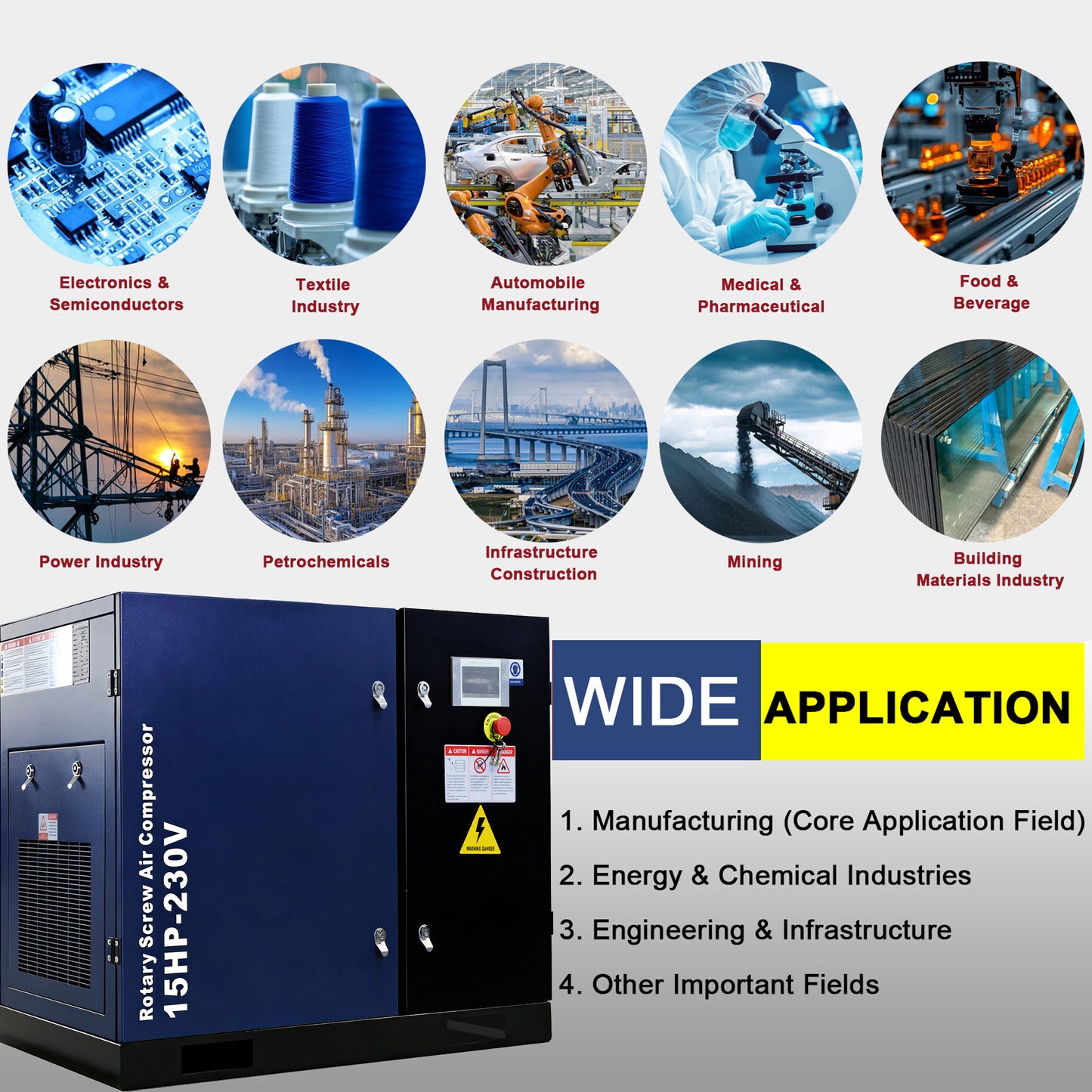 15HP Rotary Screw Air Compressor, 56 CFM, 125PSI, 208-230V 3PHASE 60HZ, Fixed Speed Compressor, Industrial-Grade, Heavy Duty Air Compressed System