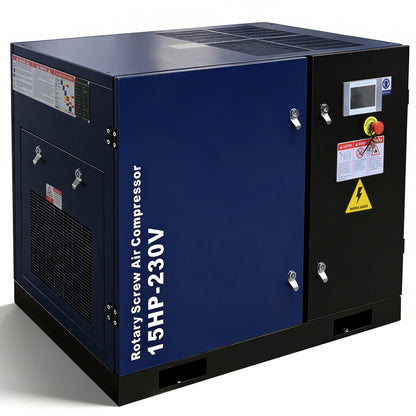 15HP Rotary Screw Air Compressor, 56 CFM, 125PSI, 208-230V 3PHASE 60HZ, Fixed Speed Compressor, Industrial-Grade, Heavy Duty Air Compressed System