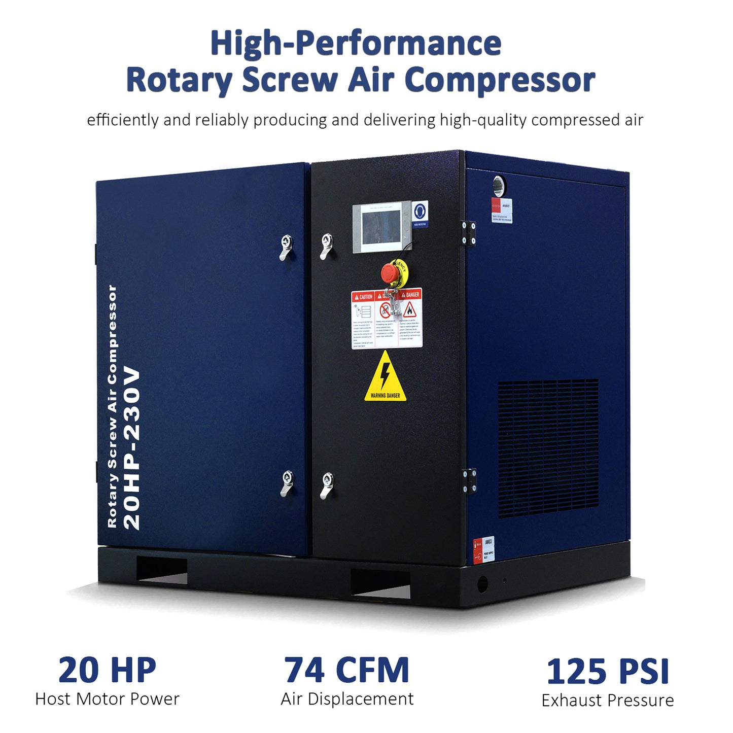 20HP Rotary Screw Air Compressor, 74CFM, 125PSI, 208-230V 3PHASE 60HZ, Fixed Speed Compressor, Industrial-Grade, Heavy Duty Air Compressed System