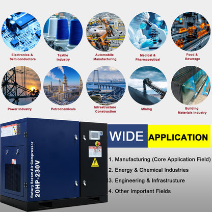 20HP Rotary Screw Air Compressor, 74CFM, 125PSI, 208-230V 3PHASE 60HZ, Fixed Speed Compressor, Industrial-Grade, Heavy Duty Air Compressed System