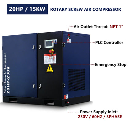 20HP Rotary Screw Air Compressor, 74CFM, 125PSI, 208-230V 3PHASE 60HZ, Fixed Speed Compressor, Industrial-Grade, Heavy Duty Air Compressed System