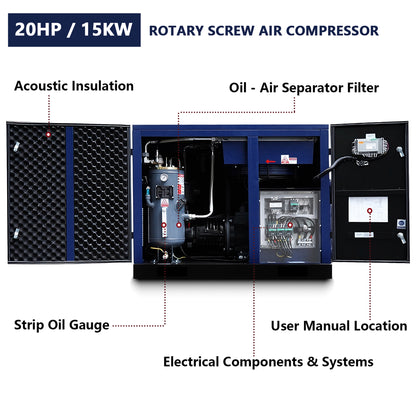 20HP Rotary Screw Air Compressor, 74CFM, 125PSI, 208-230V 3PHASE 60HZ, Fixed Speed Compressor, Industrial-Grade, Heavy Duty Air Compressed System