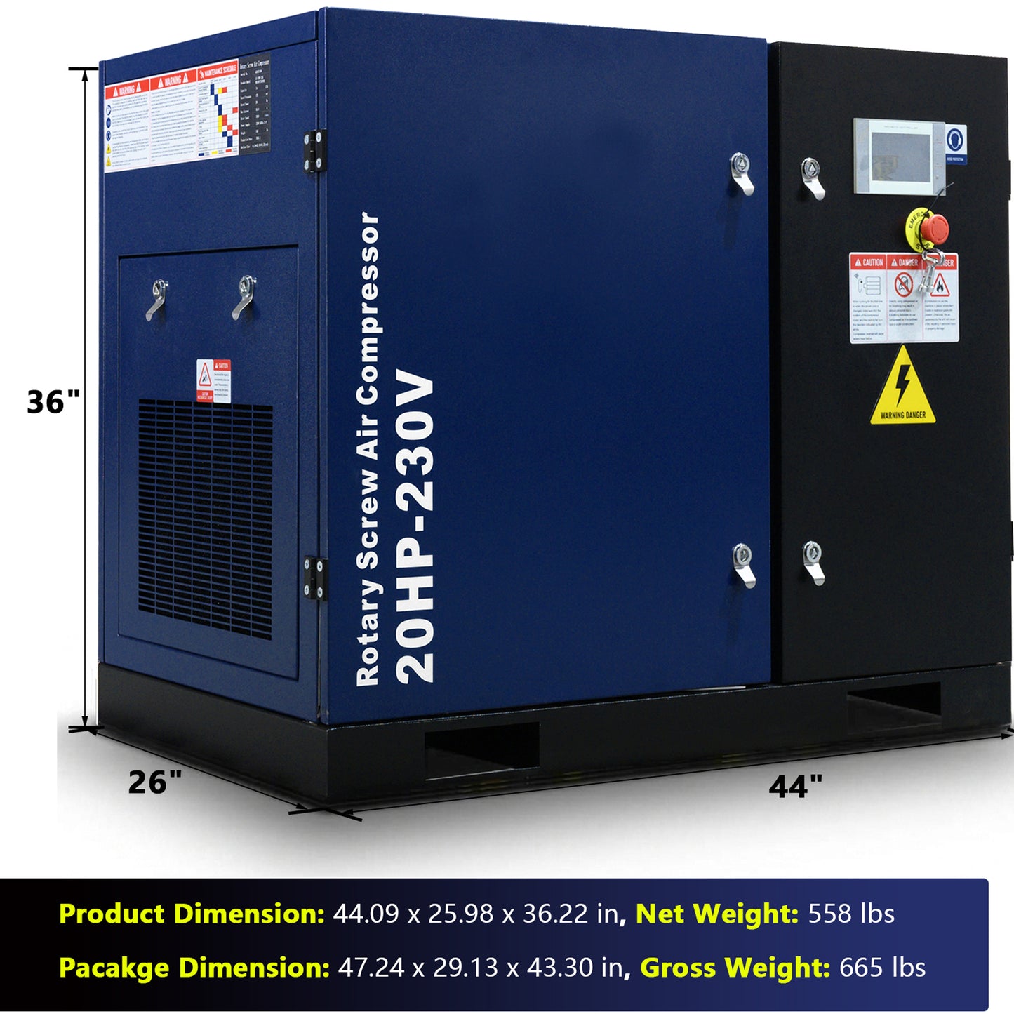 20HP Rotary Screw Air Compressor, 74CFM, 125PSI, 208-230V 3PHASE 60HZ, Fixed Speed Compressor, Industrial-Grade, Heavy Duty Air Compressed System