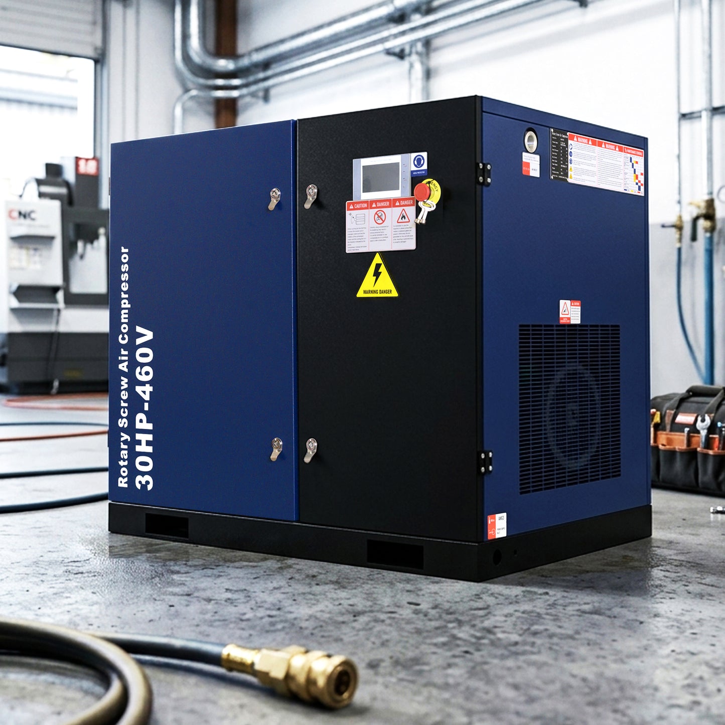 30HP Rotary Screw Air Compressor, 123CFM, 125PSI, 460V 3PHASE 60HZ, Fixed Speed Compressor, Industrial-Grade, Heavy Duty Air Compressed System