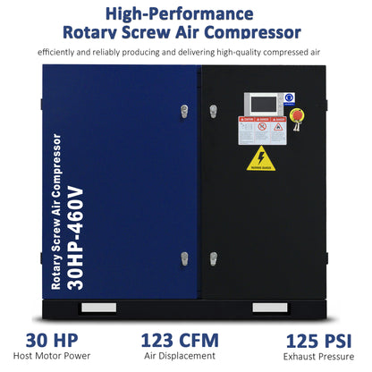 30HP Rotary Screw Air Compressor, 123CFM, 125PSI, 460V 3PHASE 60HZ, Fixed Speed Compressor, Industrial-Grade, Heavy Duty Air Compressed System