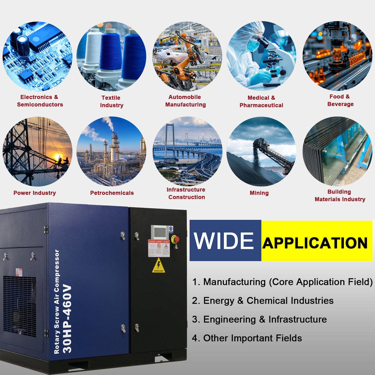 30HP Rotary Screw Air Compressor, 123CFM, 125PSI, 460V 3PHASE 60HZ, Fixed Speed Compressor, Industrial-Grade, Heavy Duty Air Compressed System