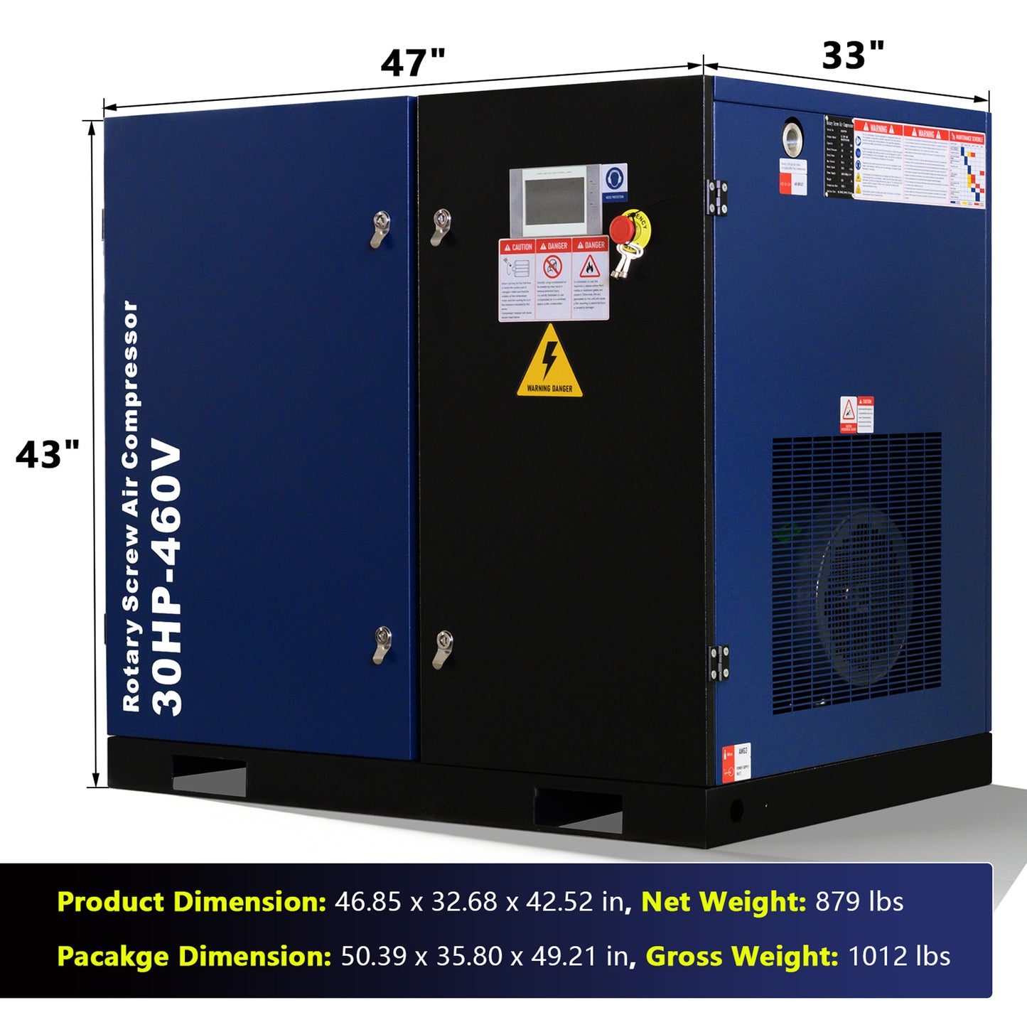 30HP Rotary Screw Air Compressor, 123CFM, 125PSI, 460V 3PHASE 60HZ, Fixed Speed Compressor, Industrial-Grade, Heavy Duty Air Compressed System