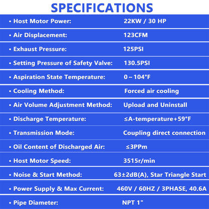 30HP Rotary Screw Air Compressor, 123CFM, 125PSI, 460V 3PHASE 60HZ, Fixed Speed Compressor, Industrial-Grade, Heavy Duty Air Compressed System