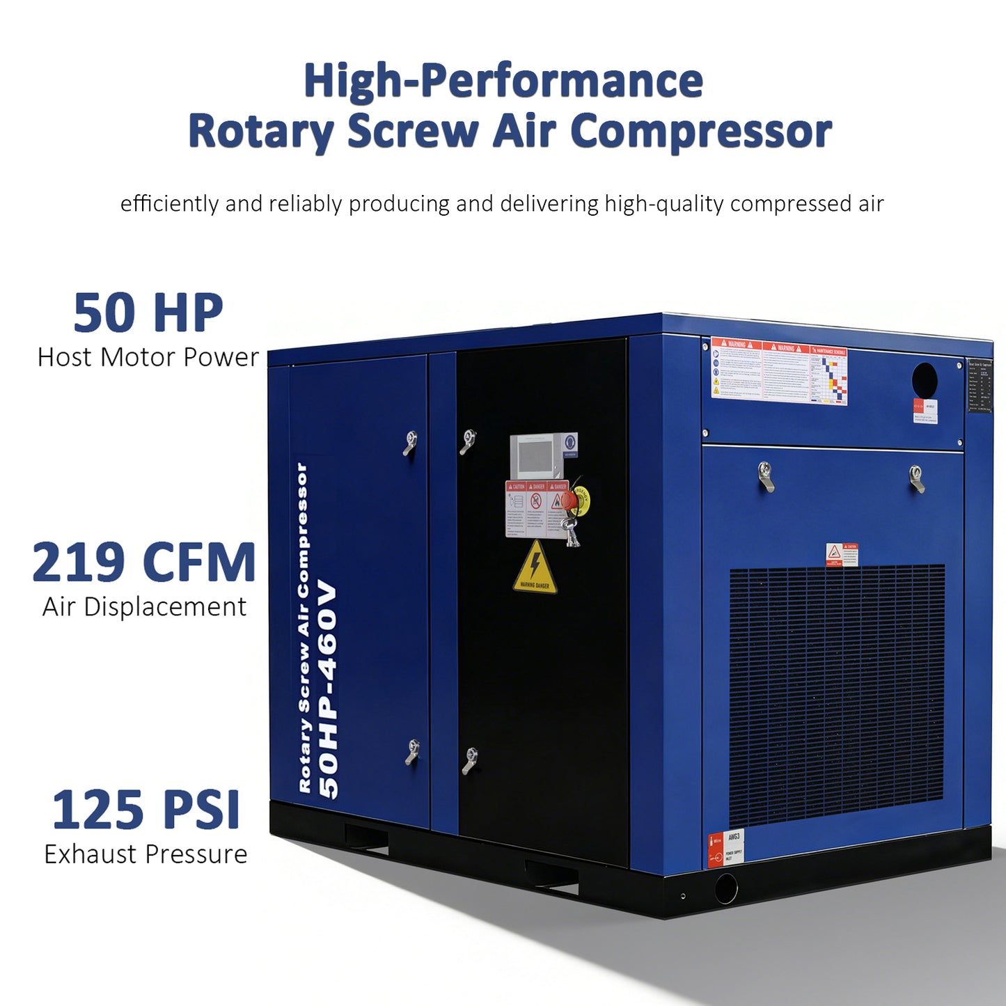 50HP Rotary Screw Air Compressor, 219CFM, 125PSI, 460V 3PHASE 60HZ, Fixed Speed Compressor, Industrial-Grade, Heavy Duty Air Compressed System