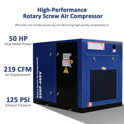 50HP Rotary Screw Air Compressor, 219CFM, 125PSI, 460V 3PHASE 60HZ, Fixed Speed Compressor, Industrial-Grade, Heavy Duty Air Compressed System