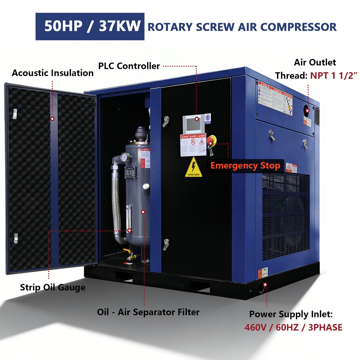 50HP Rotary Screw Air Compressor, 219CFM, 125PSI, 460V 3PHASE 60HZ, Fixed Speed Compressor, Industrial-Grade, Heavy Duty Air Compressed System