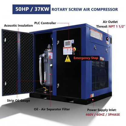 50HP Rotary Screw Air Compressor, 219CFM, 125PSI, 460V 3PHASE 60HZ, Fixed Speed Compressor, Industrial-Grade, Heavy Duty Air Compressed System