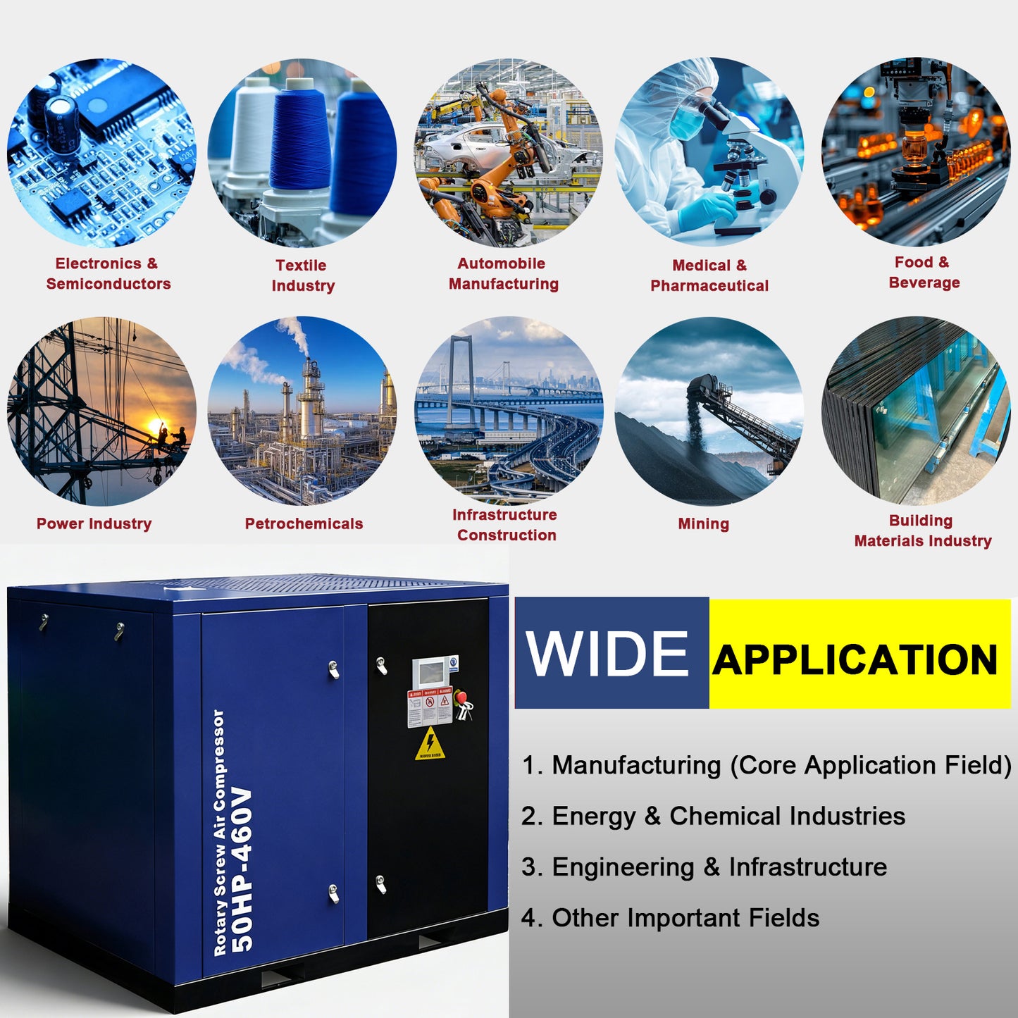 50HP Rotary Screw Air Compressor, 219CFM, 125PSI, 460V 3PHASE 60HZ, Fixed Speed Compressor, Industrial-Grade, Heavy Duty Air Compressed System