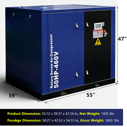50HP Rotary Screw Air Compressor, 219CFM, 125PSI, 460V 3PHASE 60HZ, Fixed Speed Compressor, Industrial-Grade, Heavy Duty Air Compressed System