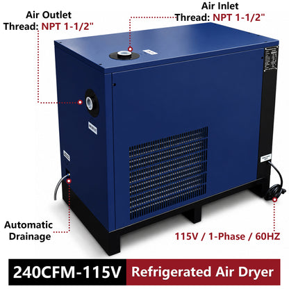 240CFM Refrigerated Air Dryer for 50HP Air Compressors, 1 PHASE 115V, Refrigerated Air Compressor Dryer, Compressed Air Systems, Industrial Refrigerated Compressed Air Dryer