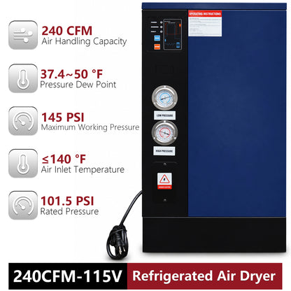 240CFM Refrigerated Air Dryer for 50HP Air Compressors, 1 PHASE 115V, Refrigerated Air Compressor Dryer, Compressed Air Systems, Industrial Refrigerated Compressed Air Dryer