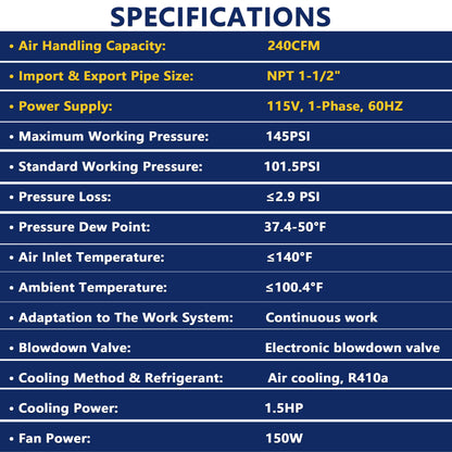 240CFM Refrigerated Air Dryer for 50HP Air Compressors, 1 PHASE 115V, Refrigerated Air Compressor Dryer, Compressed Air Systems, Industrial Refrigerated Compressed Air Dryer