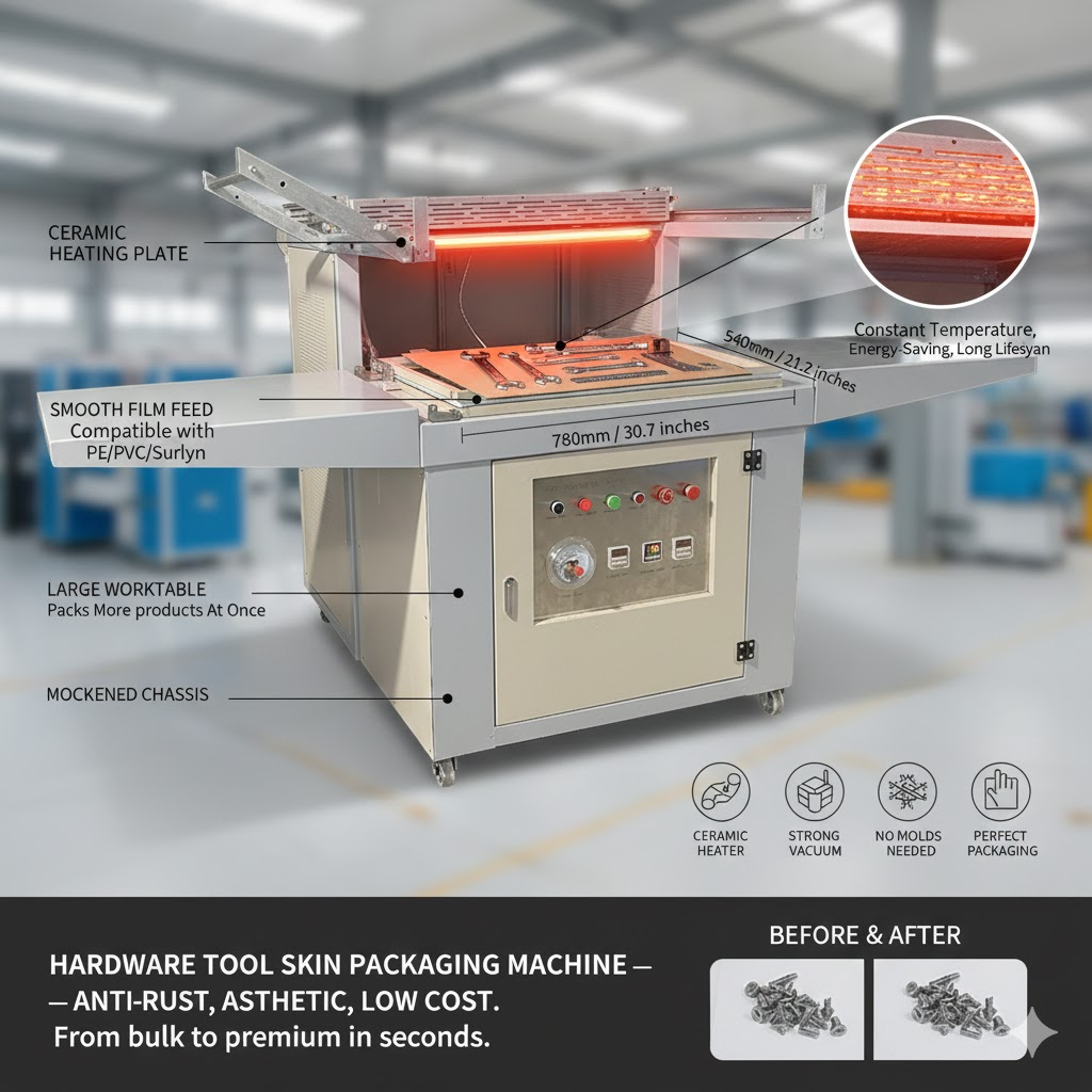 Skin Vacuum Packaging Machine Big Size Thermal PVC And PE Film Skin Packing Machine Ceramic Plate Heating For Hardware Tools