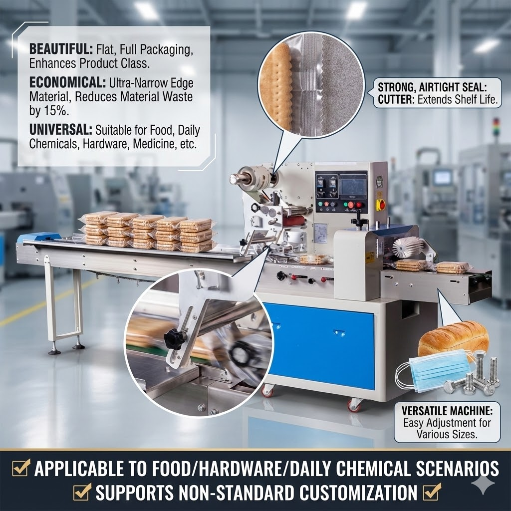 Automatic Flow Packaging Machine for Bread, Biscuits, and Bakery Products