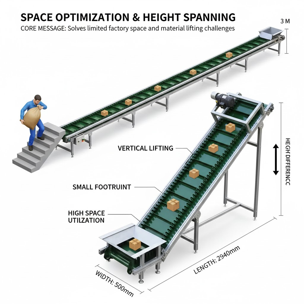 Space optimization and height spanning diagram of the climbing belt conveyor