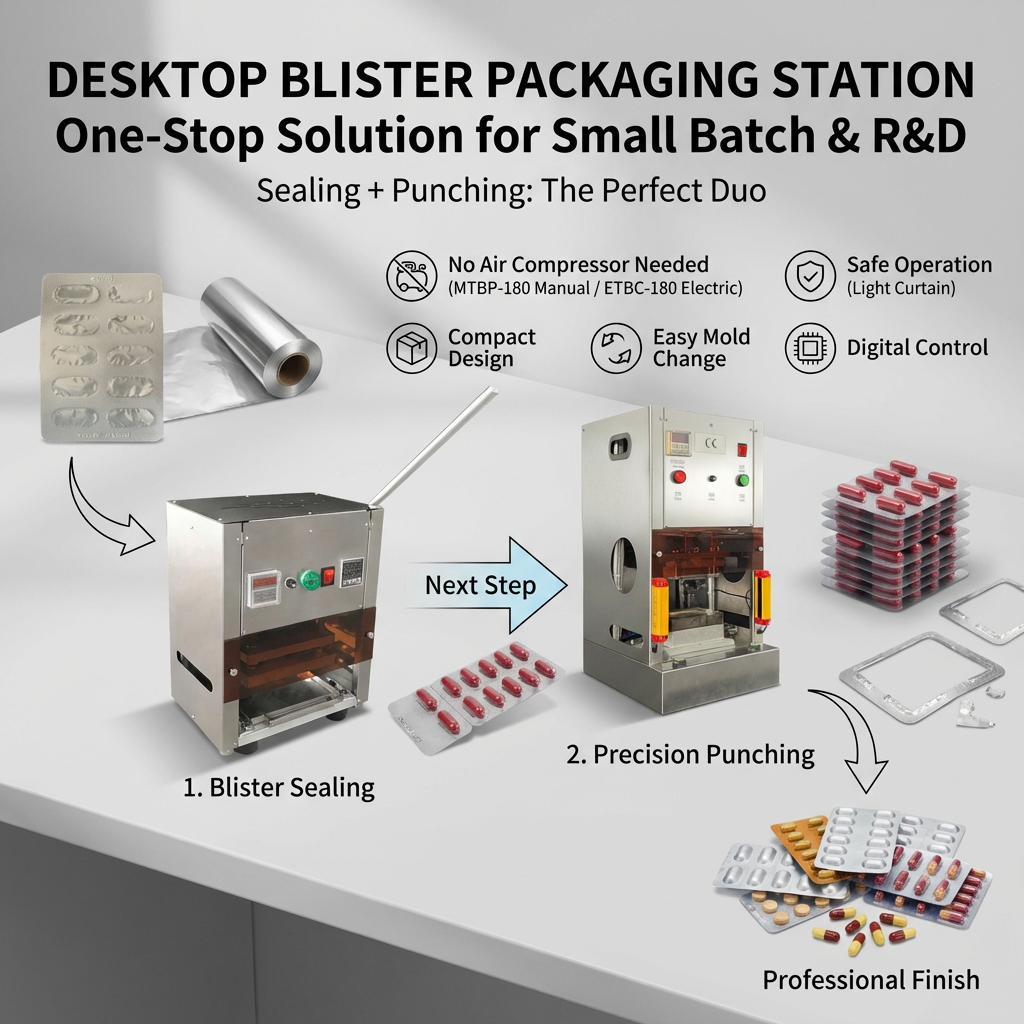 Process of manual blister packaging: MTBP-180 sealing machine filling capsules and ETBC-180 electric cutter removing foil waste