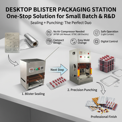 Process of manual blister packaging: MTBP-180 sealing machine filling capsules and ETBC-180 electric cutter removing foil waste