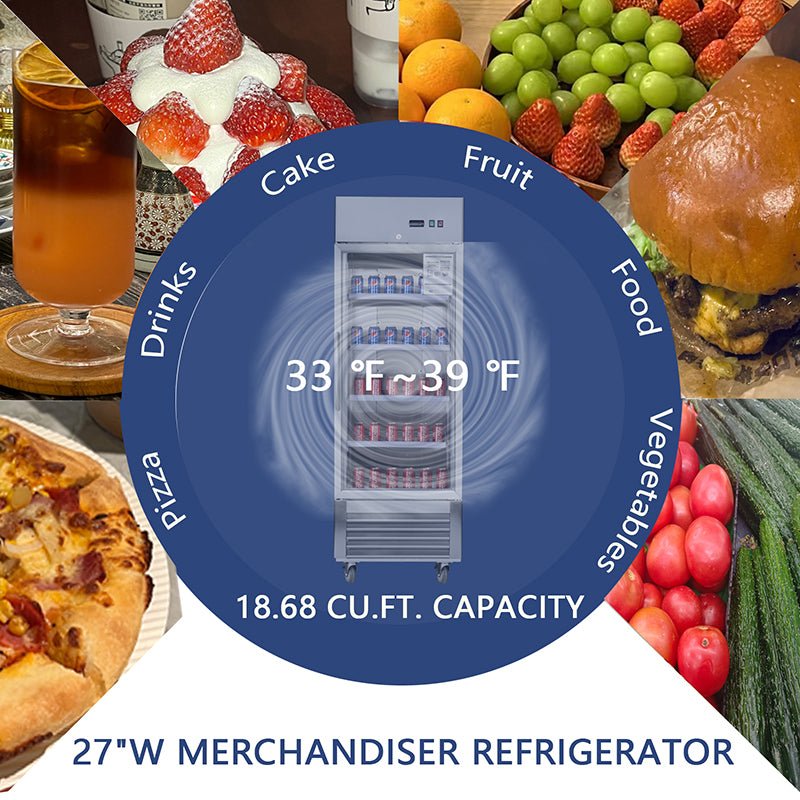 Commercial Refrigerator Single Glass Door Stainless Steel 27"W 18.68 Cu.ft.