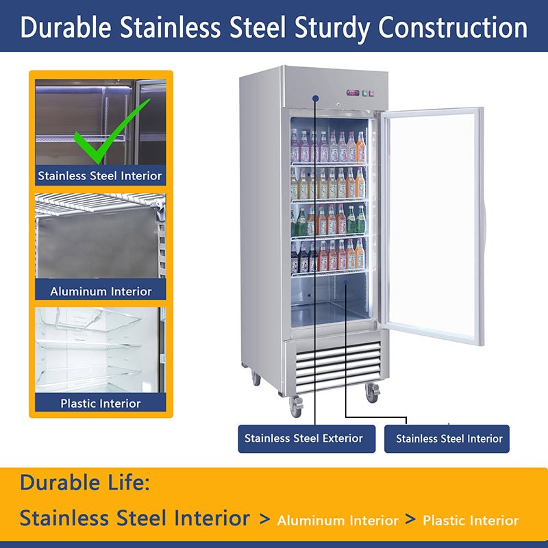 Commercial Refrigerator Single Glass Door Stainless Steel 27"W 18.68 Cu.ft.